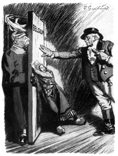 退缩！，约翰·布尔（John Bull）帮助小比利时阻止德国入侵者，第一次世界大战，1914年 作者 不明