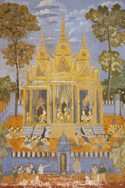 Sylver Pagoda 这幅壁画描绘了 Reamker 的场景，它是柬埔寨或高棉经典印度诗歌《罗摩衍那》的版本，柬埔寨金边 作者 不明