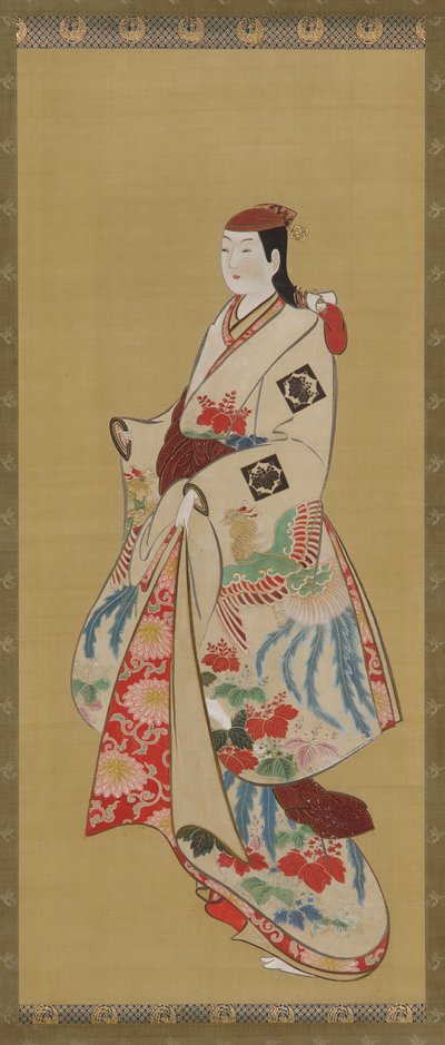 高个子女孩，衣服上有ho-o鸟和kiri花的图案，江户时期，1615-1868。 作者 不明