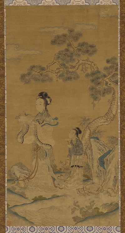 挂毯：松树下的道教女仙和侍者，明朝，1368-1644年。 作者 不明