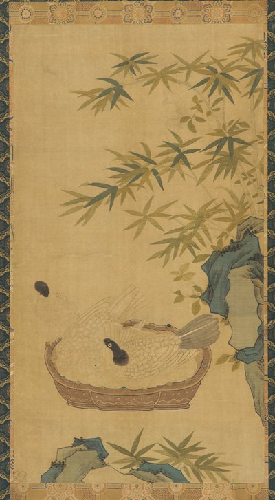 挂毯：鸽子在碗里洗澡，岩石和竹子，可能是明朝的，1368-1644。 作者 不明