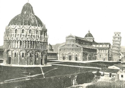 意大利比萨的洗礼池，大教堂和斜塔，1895年。 作者 不明