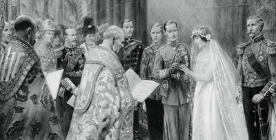 约克公爵于1923年4月26日将戒指戴在伊丽莎白·鲍伊斯·里昂斯夫人的手指上 作者 不明