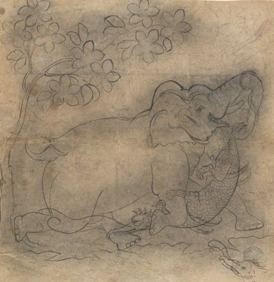 象王与鳄鱼搏斗。Gajendramoksha系列中的插图，19世纪末。 作者 不明