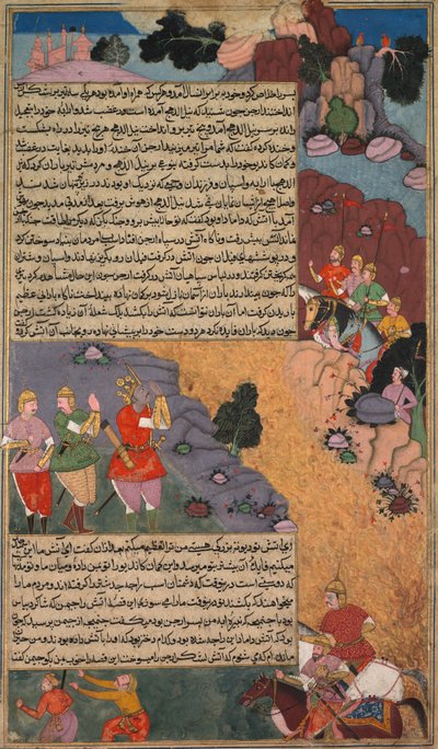 《白马的第一次冒险》，可汗·卡南斯·拉兹姆·纳马的《佩吉》，c。 1610-17。 作者 不明