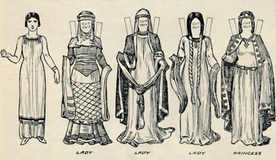 英国服装画廊：诺曼时代人们穿着的连衣裙，c1934 作者 不明