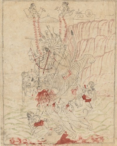 杜尔加女神杀死水牛妖，Mahisha Mahishasura Mardini，约1760年。 作者 不明