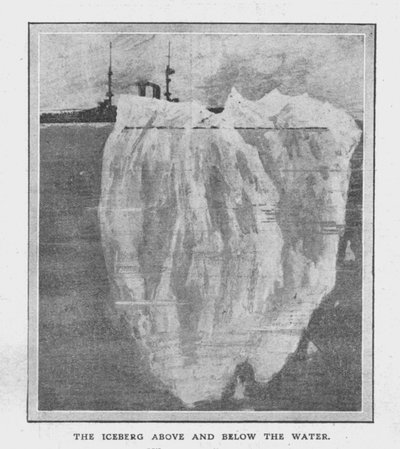 1912年4月20日，水面之上和之下的冰山。 作者 不明