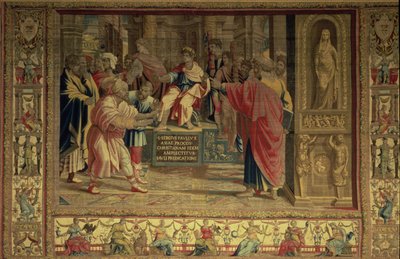 在罗马总督塞尔吉乌斯·保卢斯 (Sergius Paulus) 面前，圣保罗 (Sorcerer Elymas) 致盲巫师伊莱玛 (Sorcerer Elymas)，布鲁塞尔挂毯的细节，拉斐尔 (Raphael) 的梵蒂冈使徒行传系列复制品（挂毯） 作者 不明