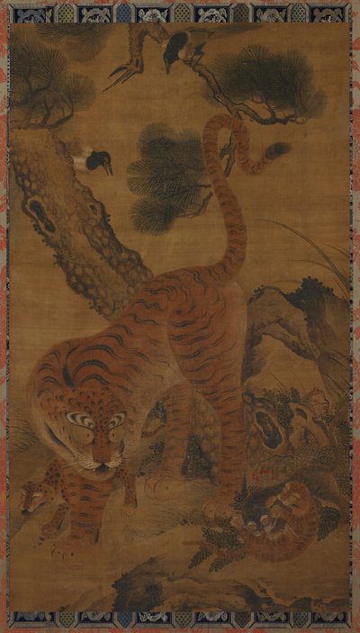 老虎与幼崽和喜鹊，15世纪。 作者 不明