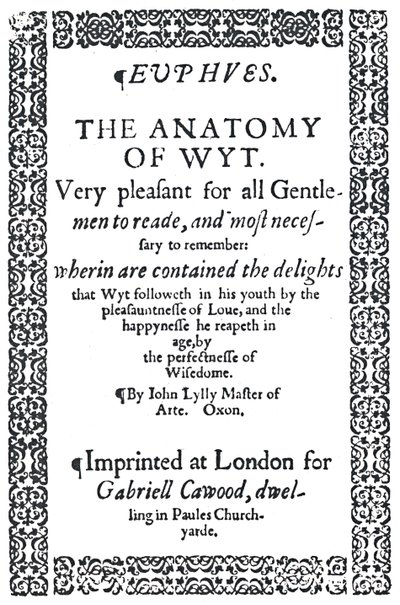 1579年，约翰·莱利斯·尤普斯（John Lylys Euphues）或《机智的解剖学》（The Anatomy of Wit）的书名页。 作者 不明