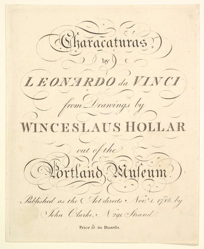 书名页：莱昂纳多·达·芬奇的性格，来自Wincelslaus Hollar的绘画，出自……，1786年。 作者 不明