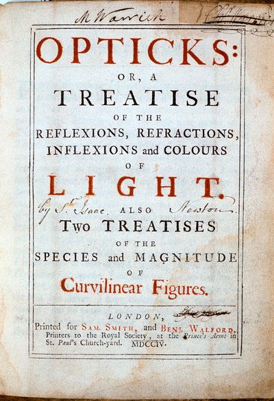 英国科学家和数学家艾萨克·牛顿（Isaac Newton）的《 Opticks》标题页，1794年 作者 不明