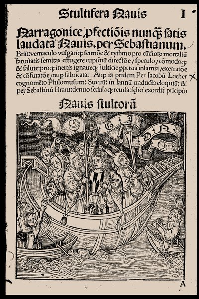 塞巴斯蒂安·布兰特（Sebastian Brant）的《愚人船》（Ship of Fools）的标题页，1497年。 作者 不明