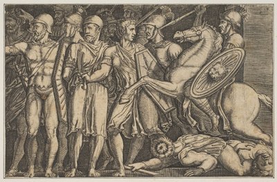 图拉真（Trajan）与达契亚人（Dacians）作战，图拉真（Trajan）在马背上朝着一群人骑马... 1515-1600。 作者 不明