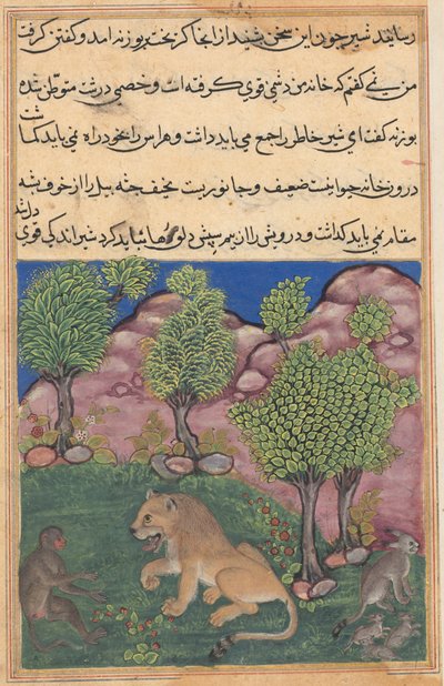 Tuti-Nama鹦鹉的故事：故事二十八：猴子建议可疑狮子...，c。 1560。 作者 不明
