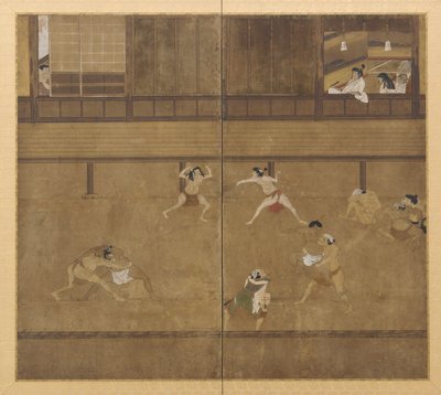 描绘摔跤手的两扇屏风，江户时期，17世纪。 作者 不明