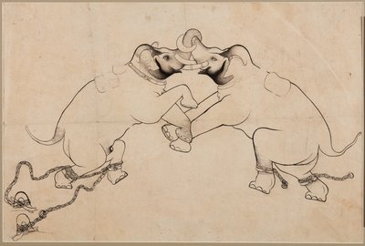 战斗中的两只大象，1700年代初期。 作者 不明