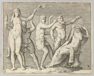 两位人物，《福恩》（Faun）和《色情狂者》（Satyr）接近《躺着的女人》（Recliniing Woman）。 1599-1622。 作者 不明