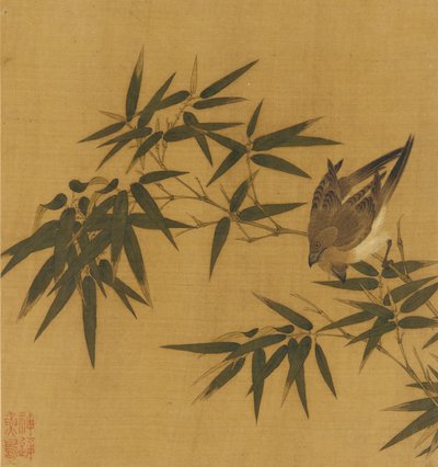两只鸟在竹枝上摇摆，清代，18世纪。 作者 不明