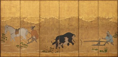 两位农民在稻田中耕作和耙地，江户时期，1615-1868年。 作者 不明