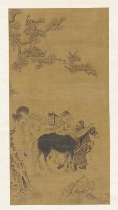 松树下的两个人和两匹马，清朝，18世纪。 作者 不明