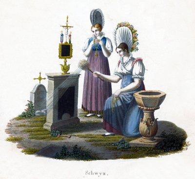 两个女人站在墓地里的墓碑前，c1800 作者 不明