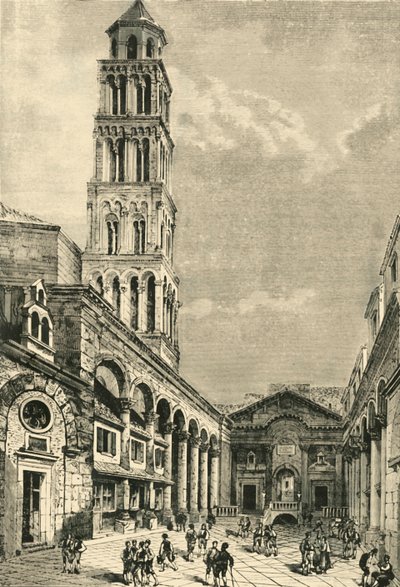 在Spalatro中查看，展示了戴克里先宫的钟楼和Peristyle，1890年。 作者 不明