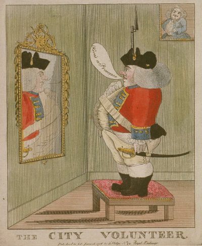 一个肥胖的城市志愿者在镜子里欣赏自己的景象，1785年 作者 不明