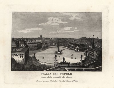 从罗马 Pincian 山顶的赫利奥波利斯 (Heliopolis) 可欣赏人民广场 (Place du Peuple) 人民广场 (Piazza del Popolo) 和埃及拉美西斯二世 (Rameses II) 方尖碑的景色 作者 Unbekannt