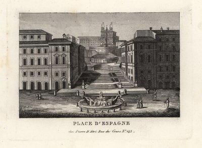 西班牙广场、Fontana della Barcaccia、船喷泉和 Scalinata di Trinita dei Monti、西班牙阶梯、罗马的景色 作者 不明
