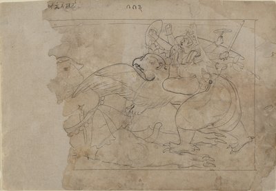 毗湿奴骑着迦楼罗杀死一个恶魔，18世纪中叶。 作者 不明