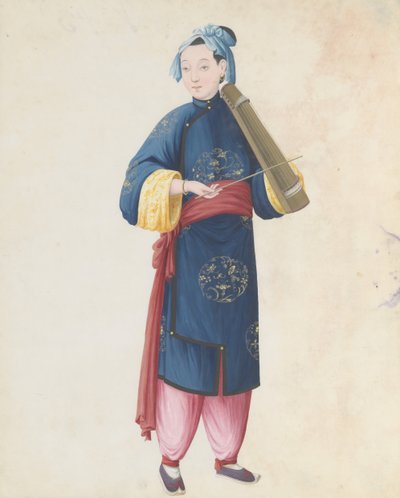 乐师弹奏弓琴的水彩画，18世纪末。 作者 不明