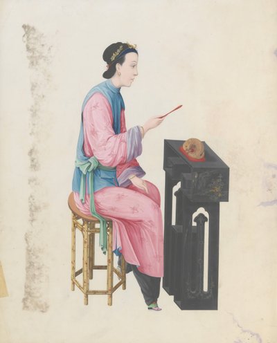 乐师弹奏木鱼的水彩画，18世纪末。 作者 不明