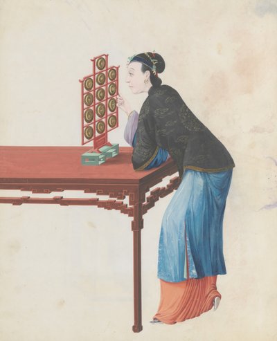 乐师演奏云锣的水彩画，18世纪末。 作者 不明