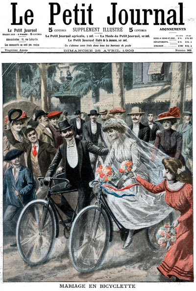 1909年，法国尼斯，由新娘和新郎带领的自行车举行婚礼 作者 不明
