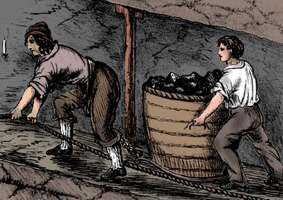 妇女和一个男孩在煤矿工作，兰开夏郡博尔顿，1848年 作者 不明