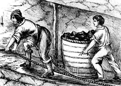 妇女和一个男孩在煤矿工作，兰开夏郡博尔顿，1848年 作者 不明