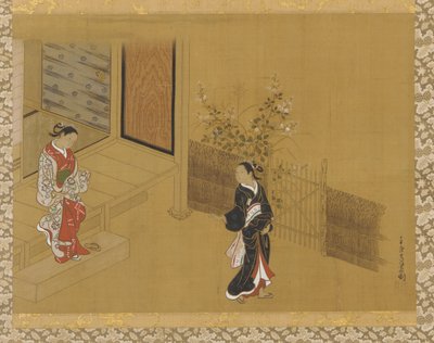 阳台台阶上的女人，另一个在花园里，江户时代，18世纪。 作者 不明