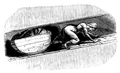 女子轻击棒沿着狭窄的煤层拖着一块煤，南威尔士，c1848 作者 不明