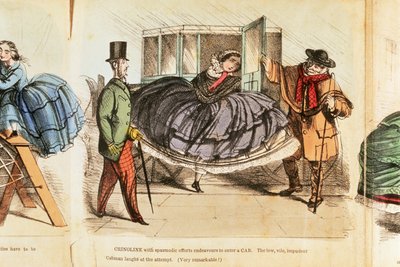 挣扎着进入出租车的妇女，约1860年 作者 不明