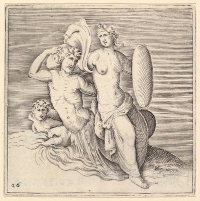 《戴盾牌坐在海怪上的女人》，出版于1599-1622。 作者 不明