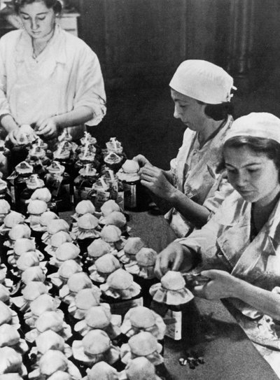 1941年在莫斯科举行的第二次世界大战中，妇女密封了捐赠的血液瓶 作者 不明