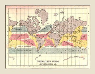 世界地图显示盛行的风，1902年。 作者 不明