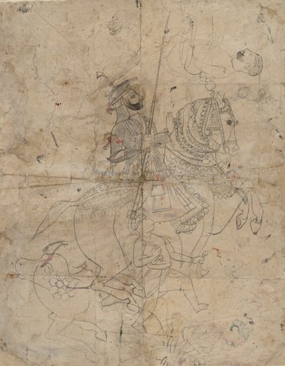 崇拜Brijnathji和Svamini的正面，背面是马术肖像，约1800年。 作者 不明