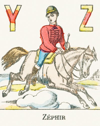 Z：Zephir，骑着他的名叫Zephyr的马驰gall的骑手-游戏字母，约1890年（雕刻） 作者 不明