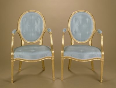一对亚当椭圆形镀金雕刻椅，蓝色软垫，1780年 作者 未知未知
