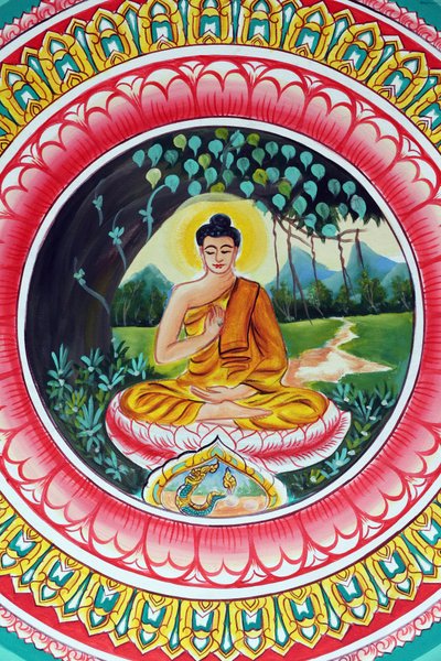 20151029, 老挝万象市:Wat Inpeng 佛教寺庙。描绘释迦牟尼佛生平故事的绘画。教化佛》描绘的是佛陀生命中的一个特殊时刻，即佛陀成道后的第一次讲经。 作者 不明