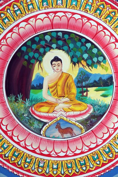 20151029, 老挝万象市:Wat Inpeng 佛教寺庙。描绘释迦牟尼佛生平故事的绘画。佛陀坐着打坐的姿势 作者 不明