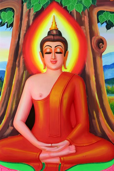 20151030, 老挝万象:Wat Si Muang (Simuong) 佛教寺庙。描绘释迦牟尼佛生平故事的绘画。佛祖在菩提树下摆出打坐的姿势 作者 不明
